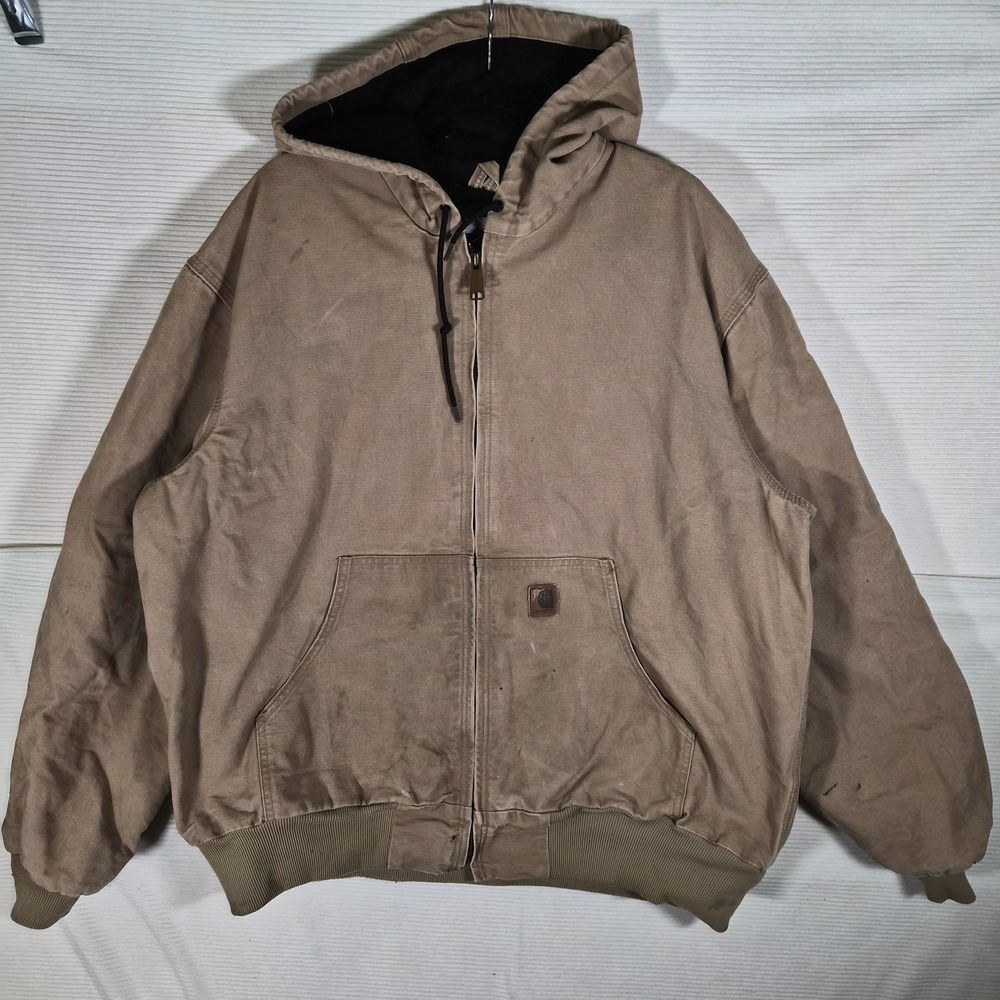 Carhartt J208 CML Hooded Duck Canvas Work Jacket Tan Brown XL Regular Distressed